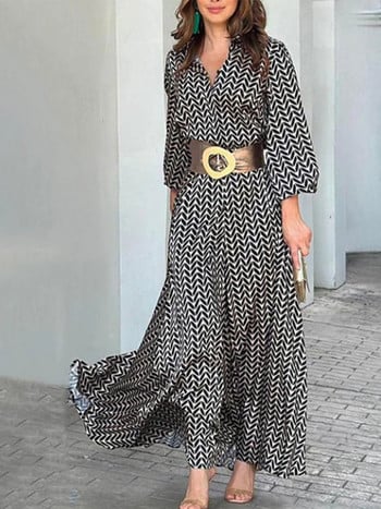 2023 Summer printed Belt Bodycon Maxi Φόρεμα Γυναικείο Κομψό πουκάμισο σε στυλ πέτο Φορέματα με μακριά μανίκια Κομψά casual γραφείο Lady Vestidos