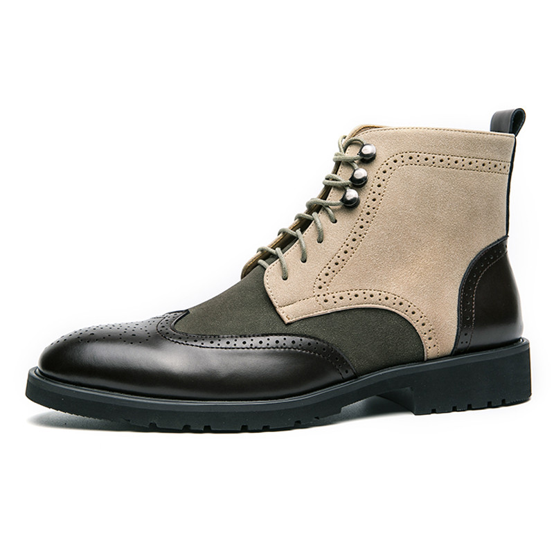 Cizme brogue din piele intoarsa patchwork pentru barbati Cizme de culoare mixta Cizme pentru rochie de agrement Cizme Oxford formale Incaltaminte pentru barbati
