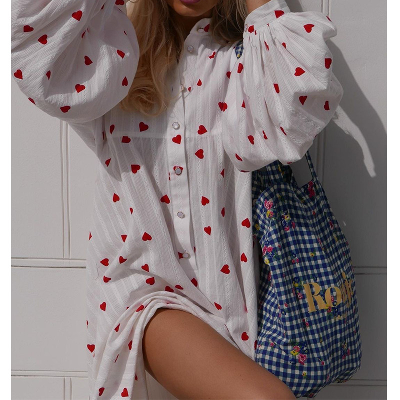 Rochii cu mânecă lungă cu imprimeu inimă rochie maxi din bumbac largi, cu nasturi, cu gât fals, epocă 2023, vară, elegante, îmbrăcăminte pentru femei, rochii