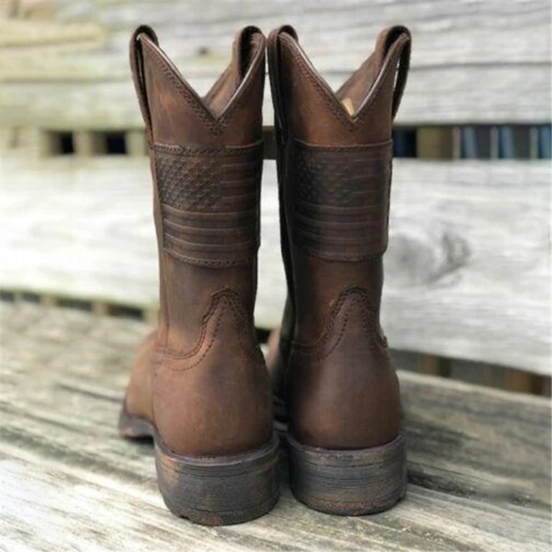 Pop Férfi Chelsea csizma Négyzetorrú Vastag Sarkú Középcső Lovagi Retro csizma Szomorú Western Vintage Flag Cipők Bőrcsizmák