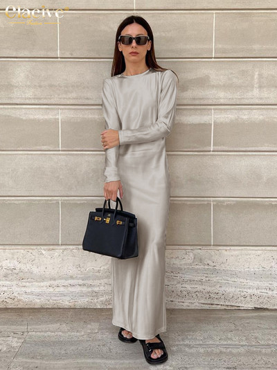 Clacive rochii casual de damă din satin negru 2023 rochie elegantă cu mânecă lungă, cu gâtul O, până la gleznă, rochie simplă și mătăsoasă pentru femei.