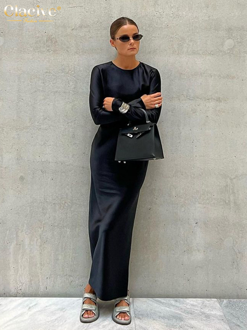 Clacive rochii casual de damă din satin negru 2023 rochie elegantă cu mânecă lungă, cu gâtul O, până la gleznă, rochie simplă și mătăsoasă pentru femei.