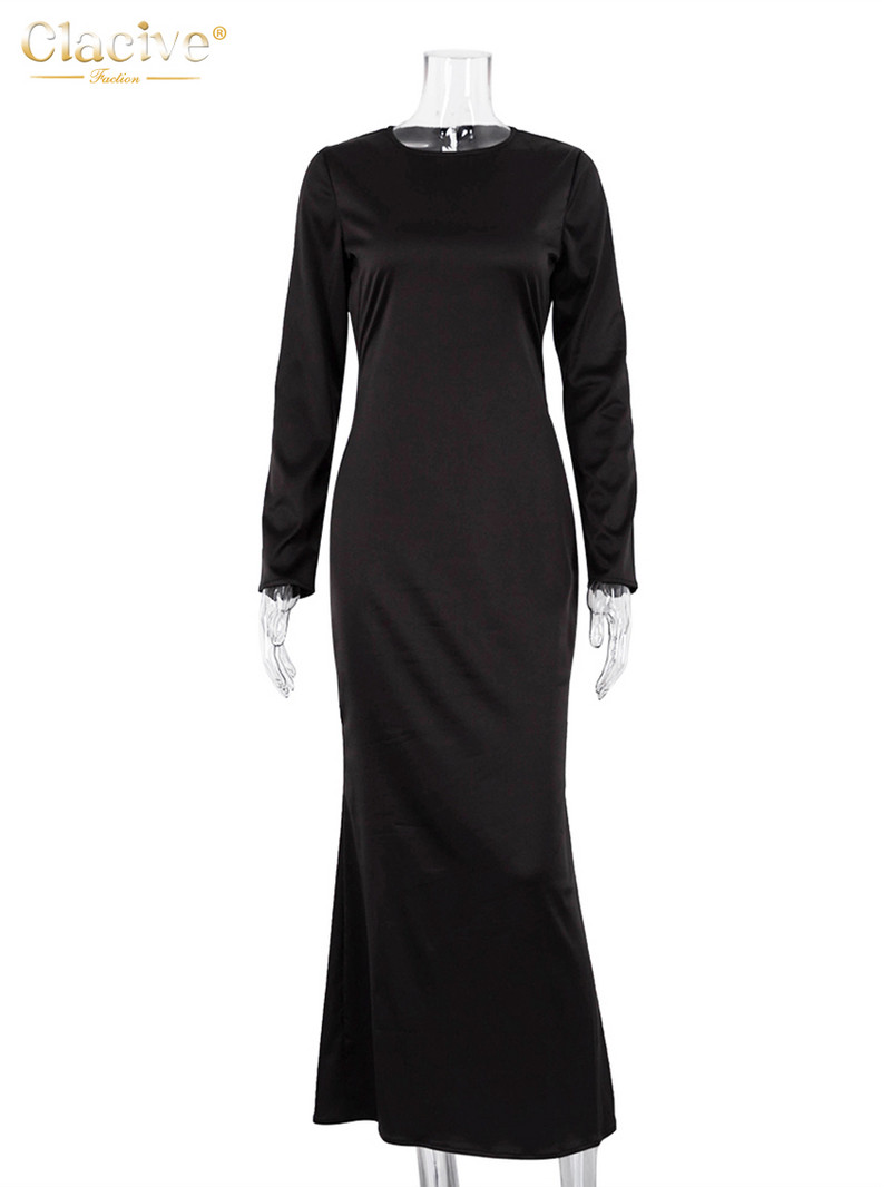 Clacive rochii casual de damă din satin negru 2023 rochie elegantă cu mânecă lungă, cu gâtul O, până la gleznă, rochie simplă și mătăsoasă pentru femei.