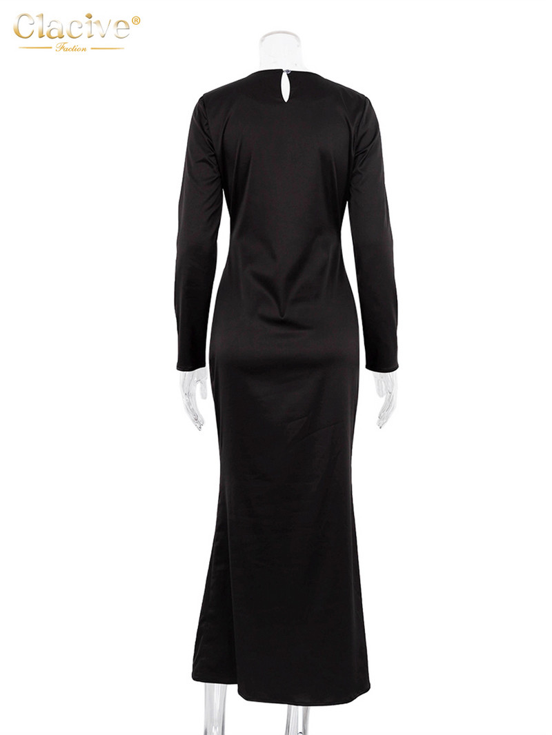 Clacive rochii casual de damă din satin negru 2023 rochie elegantă cu mânecă lungă, cu gâtul O, până la gleznă, rochie simplă și mătăsoasă pentru femei.