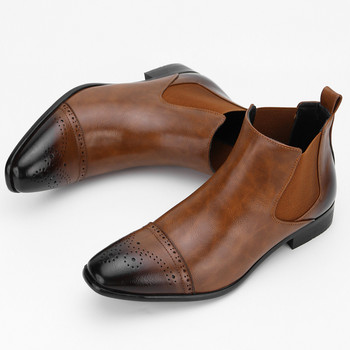Мъжки класически ретро издълбани броги Chelsea къси ботуши за мъже Модни кожени ботуши до глезена Ежедневни високи обувки Големи размери
