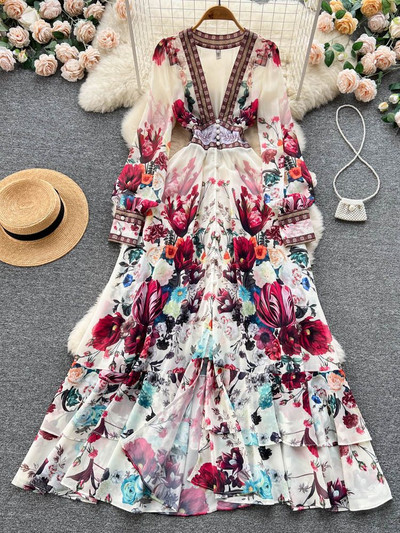 2023. Modna modna haljina s prekrasnim cvjetnim šifonom s kaskadnim volanima Ženska haljina s dubokim V izrezom i dugim rukavima s cvjetnim printom Boho ogrtač Vestido