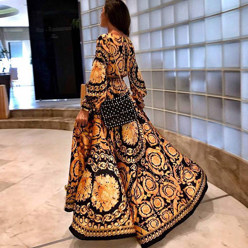 Ženska dugačka maksi haljina s V-izrezom i printom za ljeto