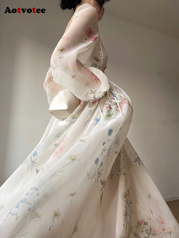 Aotvotee haljina s francuskim uzorkom, vintage četvrtasti ovratnik, modna haljina dugih rukava za proljeće i ljeto za žene, elegantna slatka midi haljina