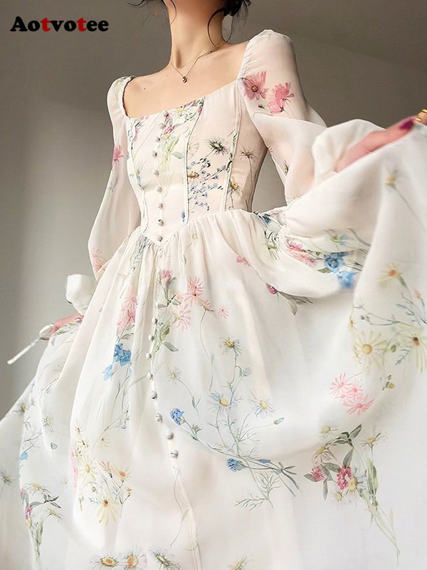 Aotvotee haljina s francuskim uzorkom, vintage četvrtasti ovratnik, modna haljina dugih rukava za proljeće i ljeto za žene, elegantna slatka midi haljina