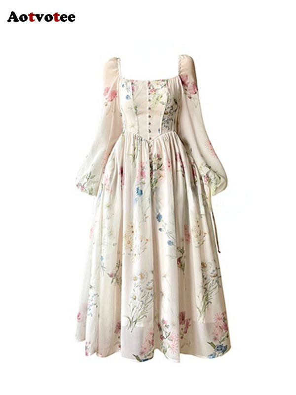 Aotvotee haljina s francuskim uzorkom, vintage četvrtasti ovratnik, modna haljina dugih rukava za proljeće i ljeto za žene, elegantna slatka midi haljina