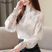 Μόδα ανοιξιάτικη μπλούζα σιφόν γυναικεία βολάν δαντέλα Floral splicing Vintage τοπ γυναικεία μακρυμάνικα κομψά νέα γυναικεία πουκάμισα 2462 50