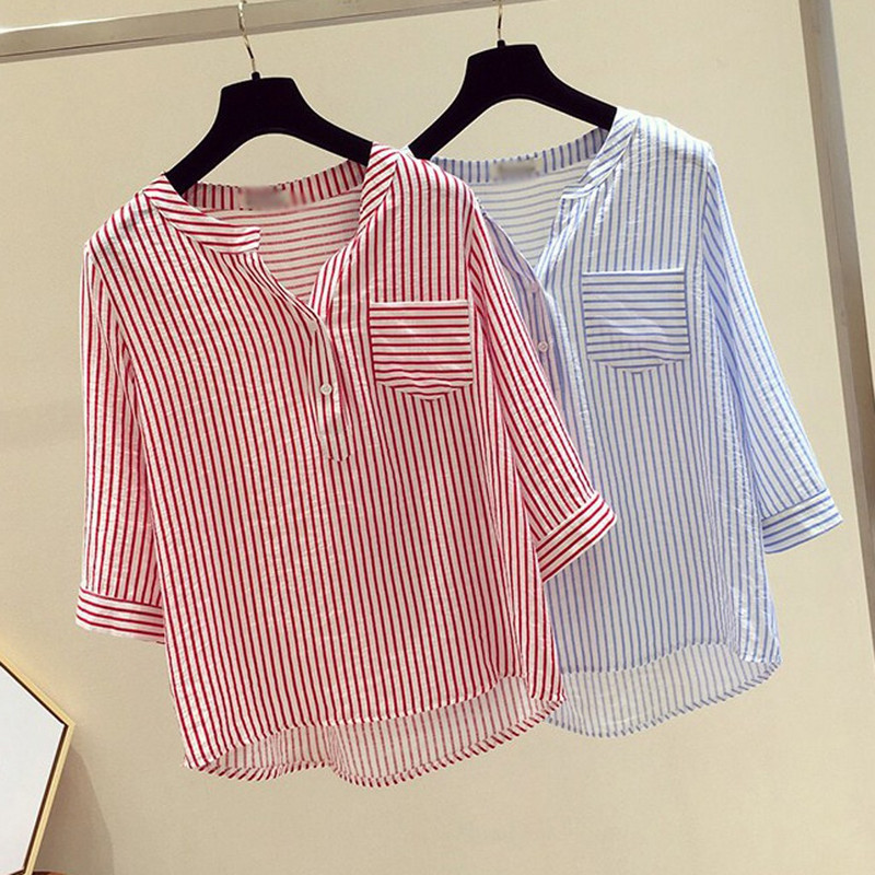 Ρίγες Κομψές Μπλούζες Γυναικεία Μόδα με λαιμόκοψη V Γυναικείο πουκάμισο με μισό μανίκι Καλοκαιρινό τοπ τουνικ Roupas Femininas Blusas Elegantes