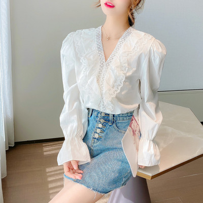 Moteriški raukiniai Palaidinė Moteriška V formos iškirptė nėriniuota palaidinė ilgomis rankovėmis Palaidinės Marškiniai Elegantiški Blusas Femininas