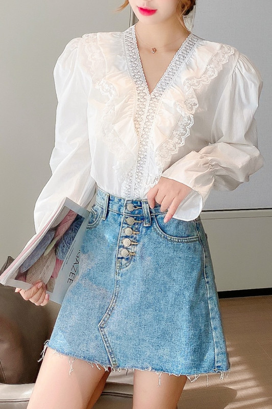 Moteriški raukiniai Palaidinė Moteriška V formos iškirptė nėriniuota palaidinė ilgomis rankovėmis Palaidinės Marškiniai Elegantiški Blusas Femininas