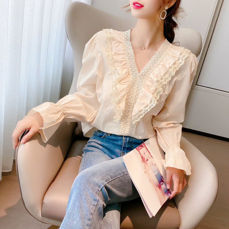 Moteriški raukiniai Palaidinė Moteriška V formos iškirptė nėriniuota palaidinė ilgomis rankovėmis Palaidinės Marškiniai Elegantiški Blusas Femininas