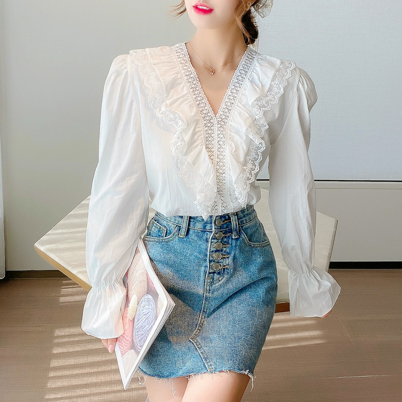 Moteriški raukiniai Palaidinė Moteriška V formos iškirptė nėriniuota palaidinė ilgomis rankovėmis Palaidinės Marškiniai Elegantiški Blusas Femininas