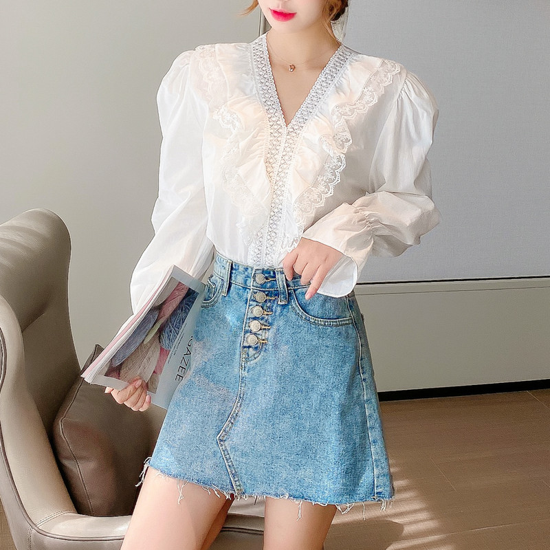 Moteriški raukiniai Palaidinė Moteriška V formos iškirptė nėriniuota palaidinė ilgomis rankovėmis Palaidinės Marškiniai Elegantiški Blusas Femininas