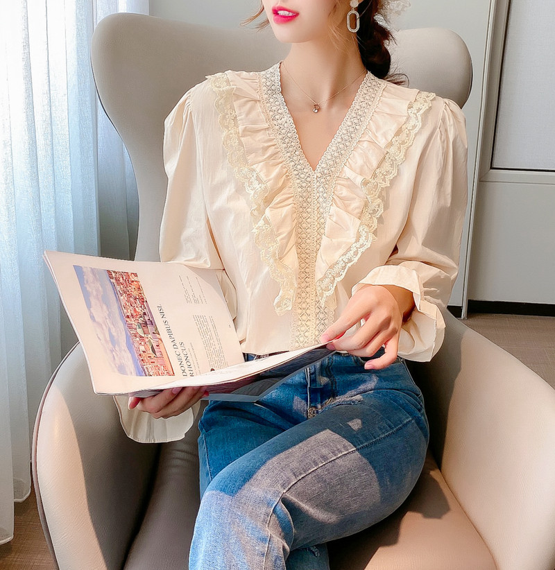 Moteriški raukiniai Palaidinė Moteriška V formos iškirptė nėriniuota palaidinė ilgomis rankovėmis Palaidinės Marškiniai Elegantiški Blusas Femininas