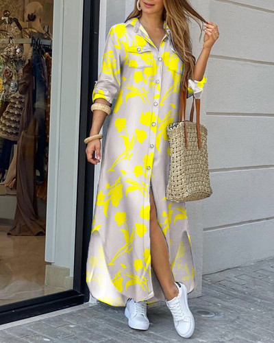 Φόρεμα μακρύ πουκάμισο Γυναικείο πέτο με μονό στήθος μακρυμάνικο Dres γράμμα εκτύπωση μεγάλου μεγέθους φορέματα ρόμπα Γυναικεία φόρεμα Boho πουκάμισο