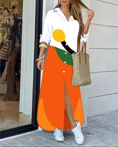 Φόρεμα μακρύ πουκάμισο Γυναικείο πέτο με μονό στήθος μακρυμάνικο Dres γράμμα εκτύπωση μεγάλου μεγέθους φορέματα ρόμπα Γυναικεία φόρεμα Boho πουκάμισο