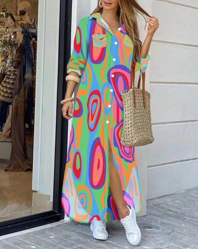 Φόρεμα μακρύ πουκάμισο Γυναικείο πέτο με μονό στήθος μακρυμάνικο Dres γράμμα εκτύπωση μεγάλου μεγέθους φορέματα ρόμπα Γυναικεία φόρεμα Boho πουκάμισο