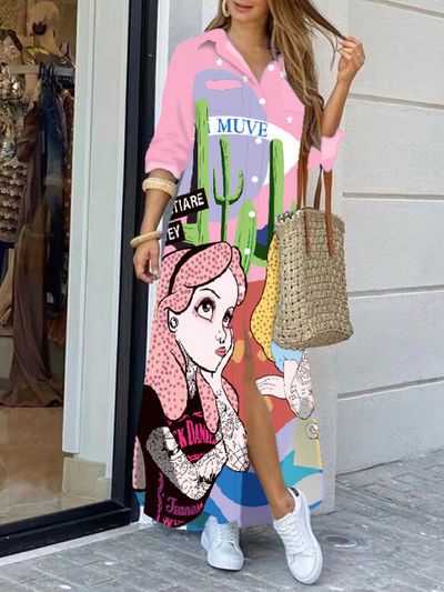 Φόρεμα μακρύ πουκάμισο Γυναικείο πέτο με μονό στήθος μακρυμάνικο Dres γράμμα εκτύπωση μεγάλου μεγέθους φορέματα ρόμπα Γυναικεία φόρεμα Boho πουκάμισο