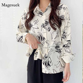Imprimeu coreean Femei Vintage cu guler răsturnat Bluză pentru femei Cămăși noi din șifon cu mânecă lungă Topuri și bluze pentru femei 9195 50