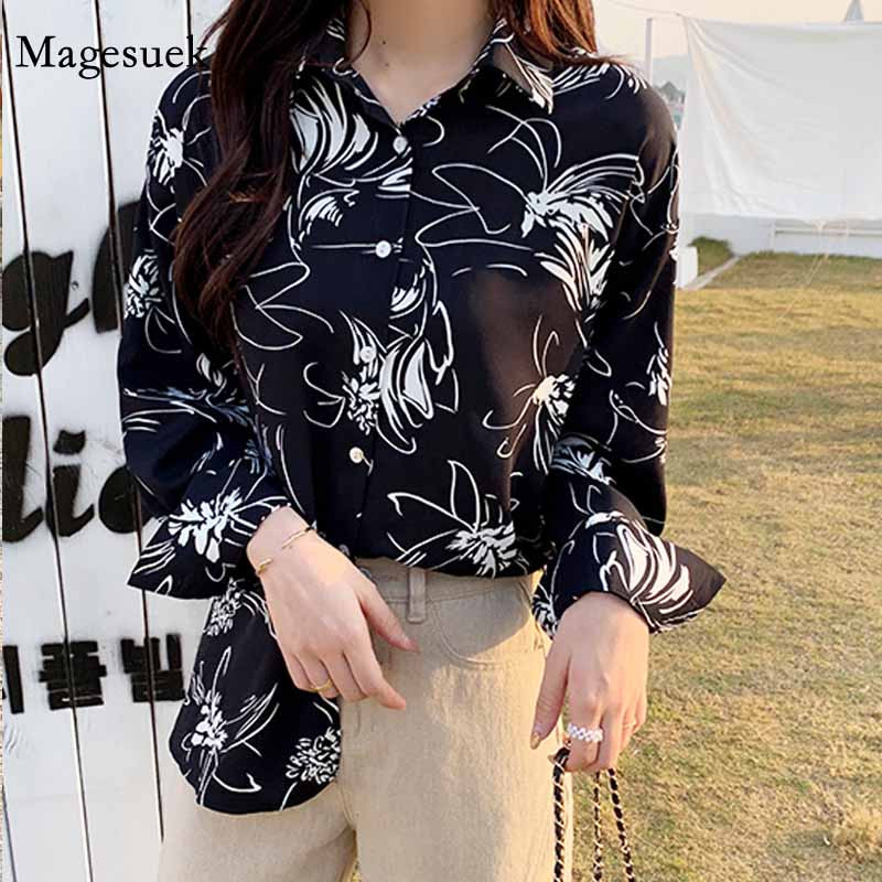 Imprimeu coreean Femei Vintage cu guler răsturnat Bluză pentru femei Cămăși noi din șifon cu mânecă lungă Topuri și bluze pentru femei 9195 50