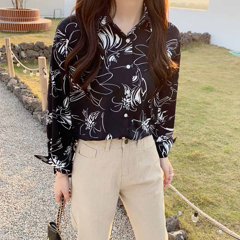 Imprimeu coreean Femei Vintage cu guler răsturnat Bluză pentru femei Cămăși noi din șifon cu mânecă lungă Topuri și bluze pentru femei 9195 50