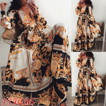 2019 Γυναικεία Floral Boho Wrap Summer V Neck Casual Prom Party Vintage Boho Maxi Φόρεμα γιορτινό μακρυμάνικο βραδινό πάρτι S-XL