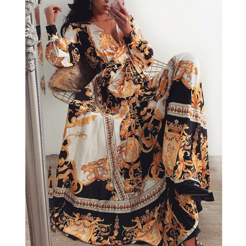 2019 Femei Floral Boho Wrap Vară Decolteu în V Ocazional Petrecere de bal Vintage Boho Rochie Maxi Sărbători mânecă lungă Petrecere de seară S-XL