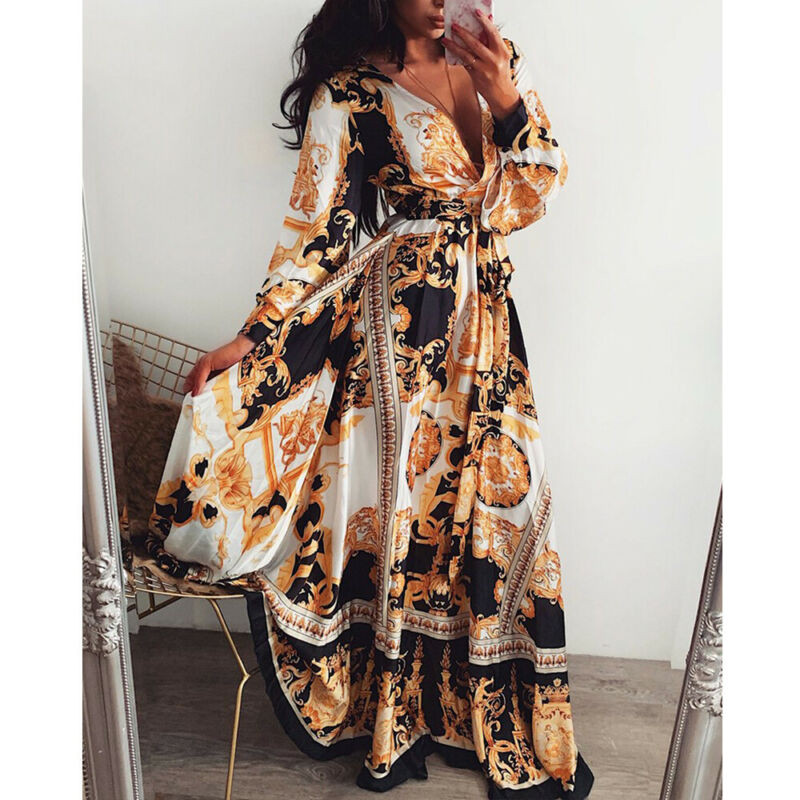 2019 Femei Floral Boho Wrap Vară Decolteu în V Ocazional Petrecere de bal Vintage Boho Rochie Maxi Sărbători mânecă lungă Petrecere de seară S-XL