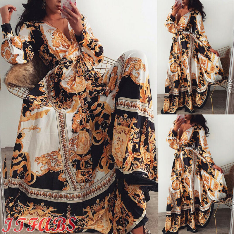 2019 Femei Floral Boho Wrap Vară Decolteu în V Ocazional Petrecere de bal Vintage Boho Rochie Maxi Sărbători mânecă lungă Petrecere de seară S-XL