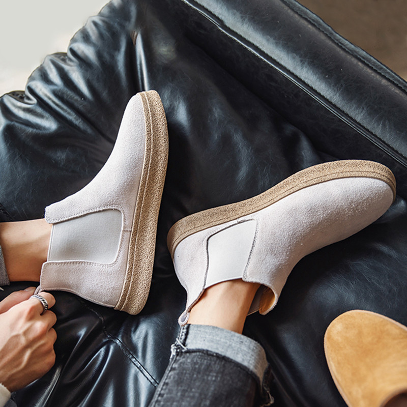 Misalwa Vintage īsi vīriešu zābaki Govs zamšādas āda Chelsea vīriešu zābaki bēši ikdienas dzelteni puszābaki vīriešu apavi ziemai