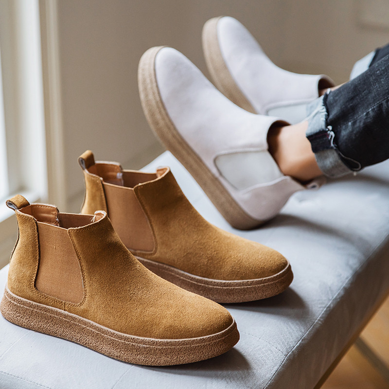 Misalwa Vintage īsi vīriešu zābaki Govs zamšādas āda Chelsea vīriešu zābaki bēši ikdienas dzelteni puszābaki vīriešu apavi ziemai