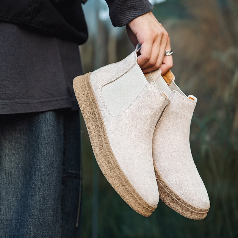 Misalwa Vintage īsi vīriešu zābaki Govs zamšādas āda Chelsea vīriešu zābaki bēši ikdienas dzelteni puszābaki vīriešu apavi ziemai