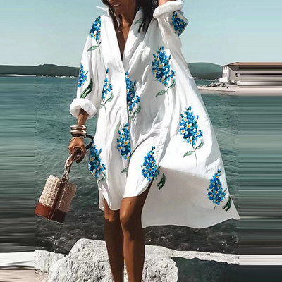 Moda de toamnă vară cămăși noi rochie casual imprimat rever cu mânecă lungă nasturi rochie neregulată plajă rochii de petrecere sexy