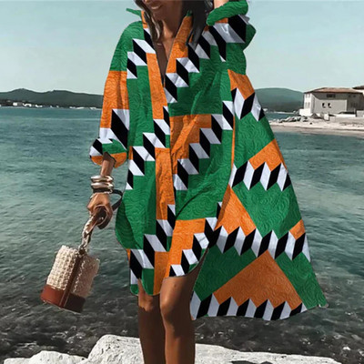 Moda de toamnă vară cămăși noi rochie casual imprimat rever cu mânecă lungă nasturi rochie neregulată plajă rochii de petrecere sexy