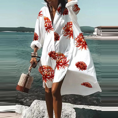 Moda de toamnă vară cămăși noi rochie casual imprimat rever cu mânecă lungă nasturi rochie neregulată plajă rochii de petrecere sexy