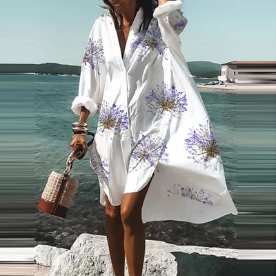 Moda de toamnă vară cămăși noi rochie casual imprimat rever cu mânecă lungă nasturi rochie neregulată plajă rochii de petrecere sexy