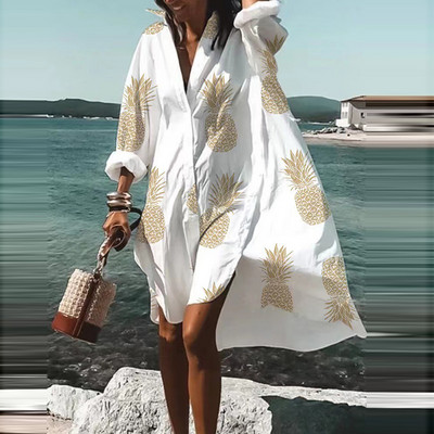 Moda de toamnă vară cămăși noi rochie casual imprimat rever cu mânecă lungă nasturi rochie neregulată plajă rochii de petrecere sexy