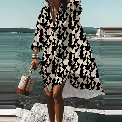 Moda de toamnă vară cămăși noi rochie casual imprimat rever cu mânecă lungă nasturi rochie neregulată plajă rochii de petrecere sexy