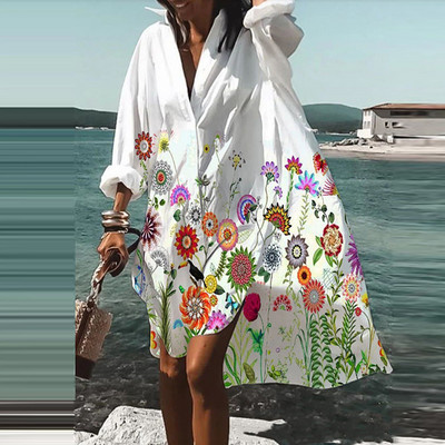 Moda de toamnă vară cămăși noi rochie casual imprimat rever cu mânecă lungă nasturi rochie neregulată plajă rochii de petrecere sexy