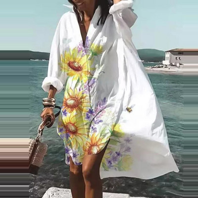 Moda de toamnă vară cămăși noi rochie casual imprimat rever cu mânecă lungă nasturi rochie neregulată plajă rochii de petrecere sexy