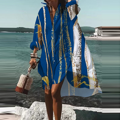 Moda de toamnă vară cămăși noi rochie casual imprimat rever cu mânecă lungă nasturi rochie neregulată plajă rochii de petrecere sexy