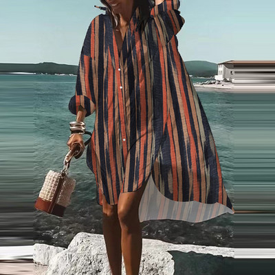 Moda de toamnă vară cămăși noi rochie casual imprimat rever cu mânecă lungă nasturi rochie neregulată plajă rochii de petrecere sexy