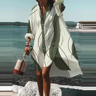 Moda de toamnă vară cămăși noi rochie casual imprimat rever cu mânecă lungă nasturi rochie neregulată plajă rochii de petrecere sexy