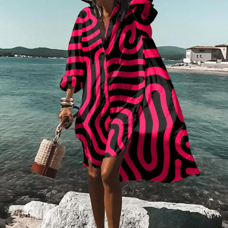 Moda de toamnă vară cămăși noi rochie casual imprimat rever cu mânecă lungă nasturi rochie neregulată plajă rochii de petrecere sexy