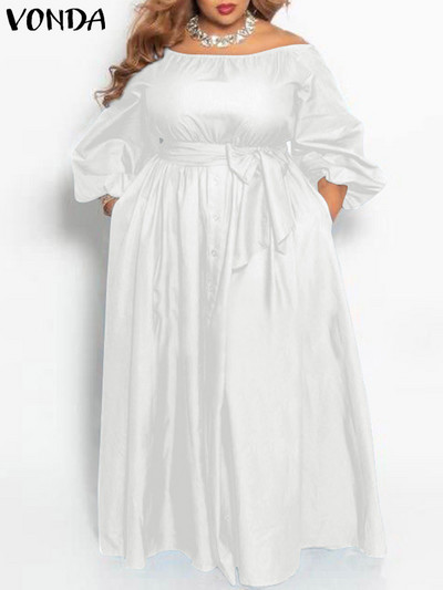 Plus Size 5XL VONDA Summer Maxi Sundress Γυναικείο Μακρύ φόρεμα Κουμπί Casual Solid Κομψό από τον ώμο Bohemian Party Vestido Ζώνη