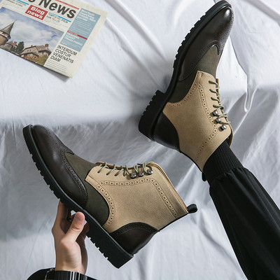 Cizme pentru bărbați, de modă, de epocă, cizme de cowboy pentru motociclete, cu șireturi, verzi, europeni și pentru bărbați, pantof brogue, respirabil, pantof de afaceri Chelsea